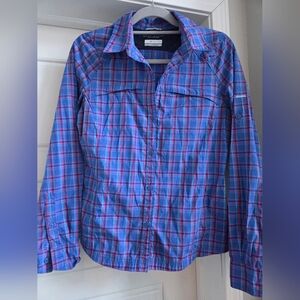 Columbia Blue and Pink Plaid Button Down Shirt Omni-Shade Sun Protection